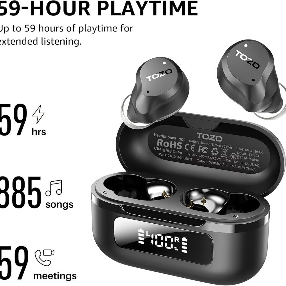 TOZO Hybrid Active Noise Cancelling Wireless Earbuds, 6 Mics ENC Clear Call, IPX8 Waterproof, in Ear Bluetooth 5.3 Headphones Stereo Bass Ear Buds 59H Playtime with LED Display 32 EQs via APP - Image 3
